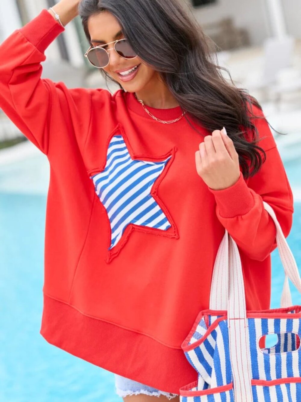 Pink Lily Patch Embroidery Star Colorblock Sweatshirt